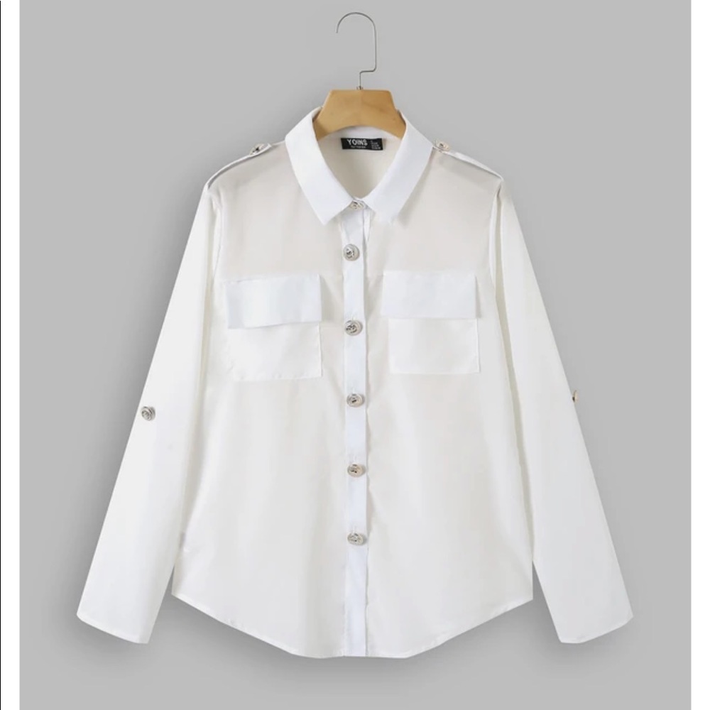 YOINS White Button Long Sleeves Blouse Shirt M